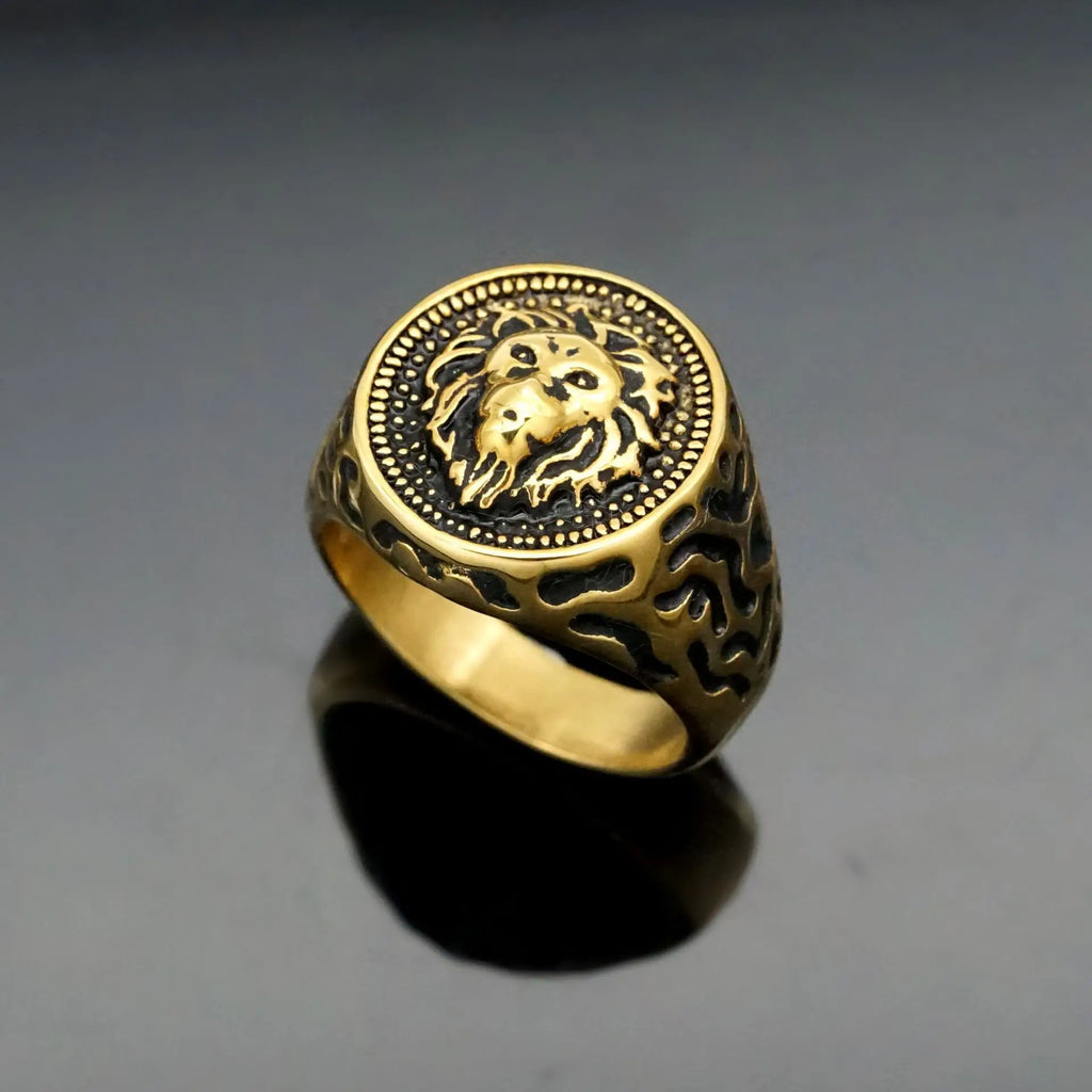 Golden Lion Head Ring Animal Band — 316L Stainless Steel