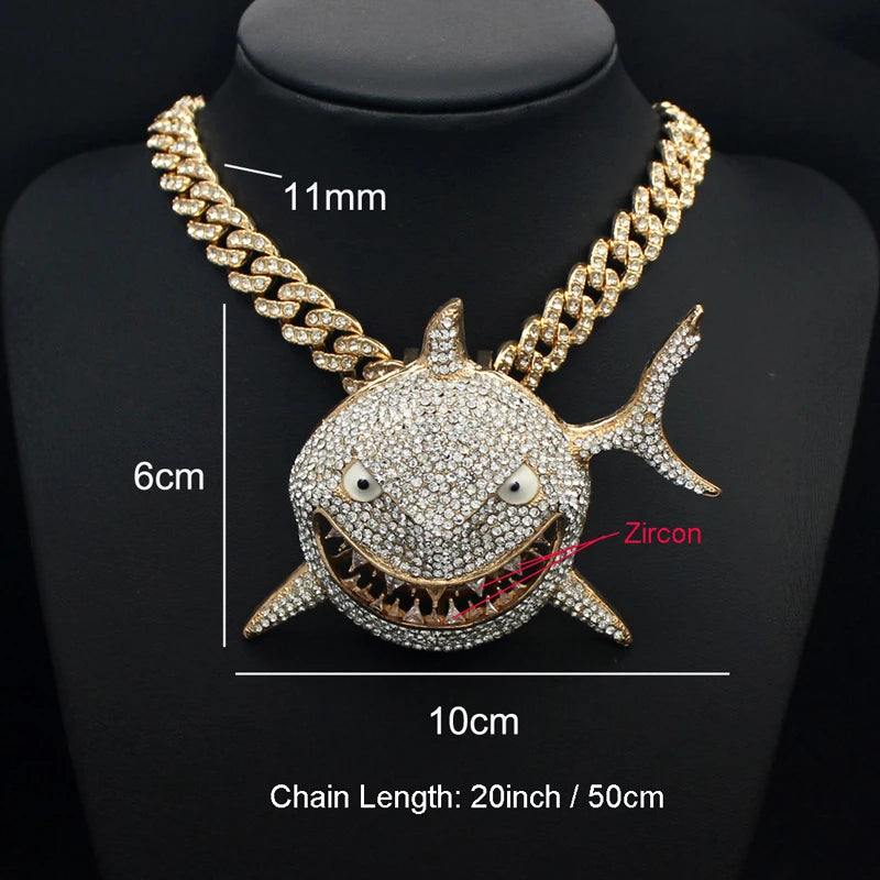 Big Shark Pendant Necklace For Men Hip Hop Bling Jewelry 11mm Iced Out Rhinestone Miami Cuban Chain Fashion Jewelry Gift