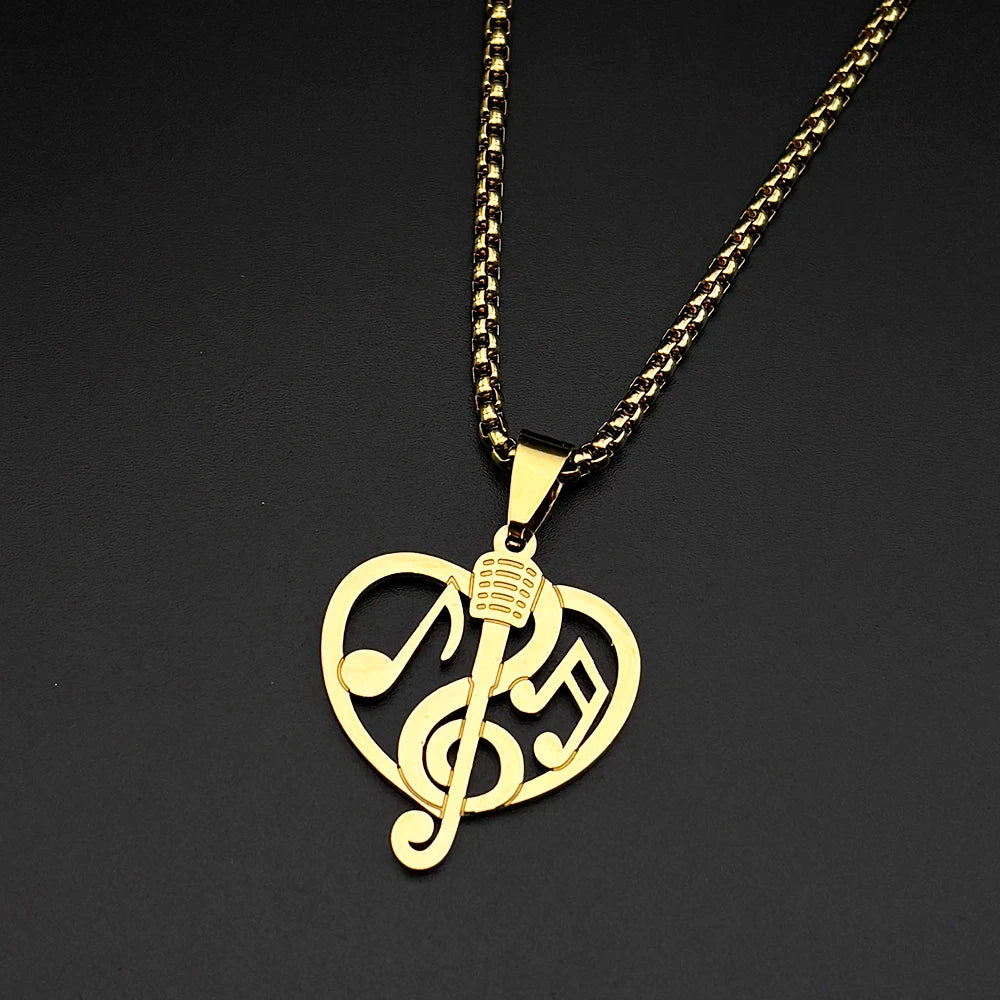 Heart Treble Clef Microphone Pendant Necklace Stainless Steel Gold Color Music Note Jewelry Gift Singer Musician