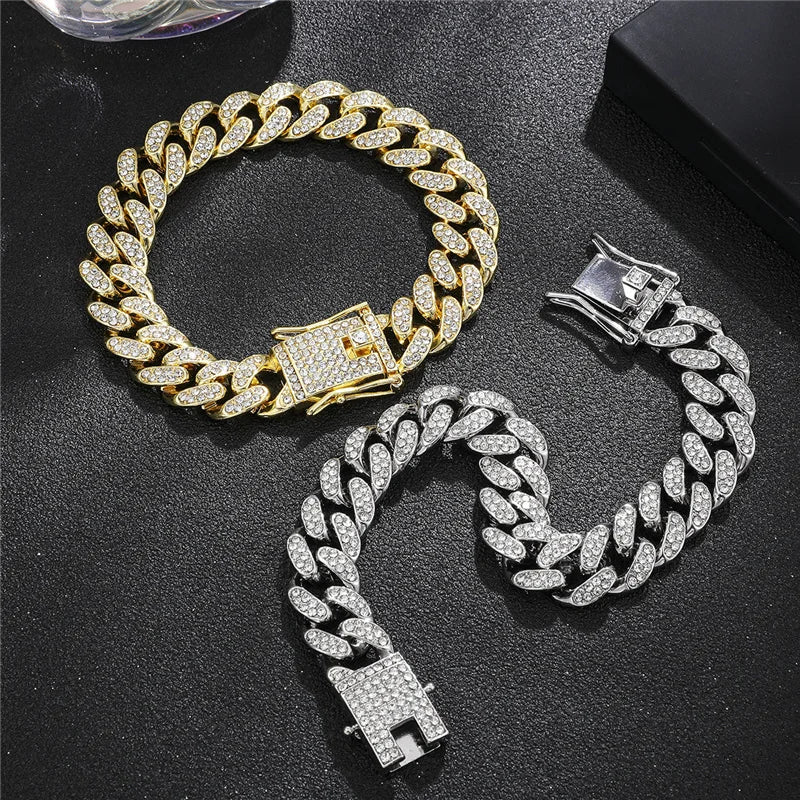 Sparkling Cuban Link Chain Bracelet - Golden Tone Stainless Steel, Rhinestone - Encrusted Hip Hop Bling for Guys