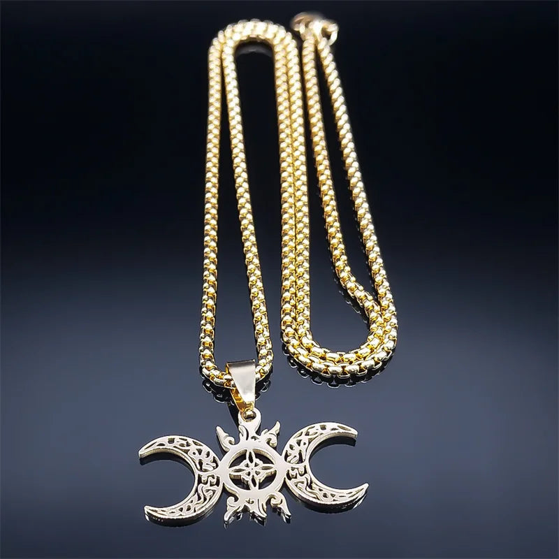 Wicca Celtic Knot Triple Moon Goddess Necklace Stainless Steel Gold Color Witch Amulet Chain Necklaces Pagan Jewelry