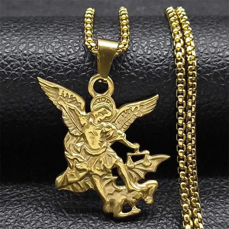 Archangel St.Michael Protect Me Necklace for Women Men Stainless Steel Saint Protection Chain Jewelry corrente
