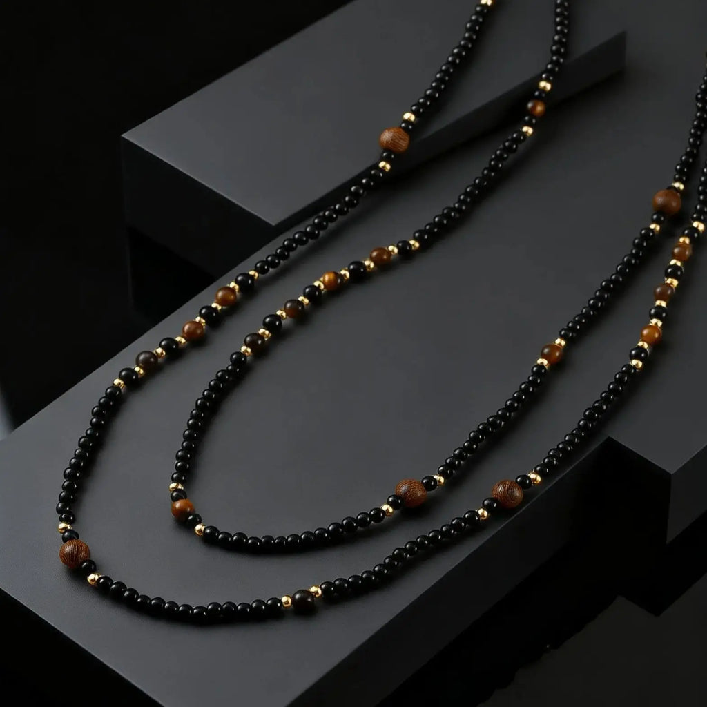 Black Agate Natural Stone Tiger Eye Beads Chain Necklace for Men, Retro Long Sweater Chain Necklace, Fashion Boho