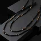 Black Agate Natural Stone Tiger Eye Beads Chain Necklace for Men, Retro Long Sweater Chain Necklace, Fashion Boho