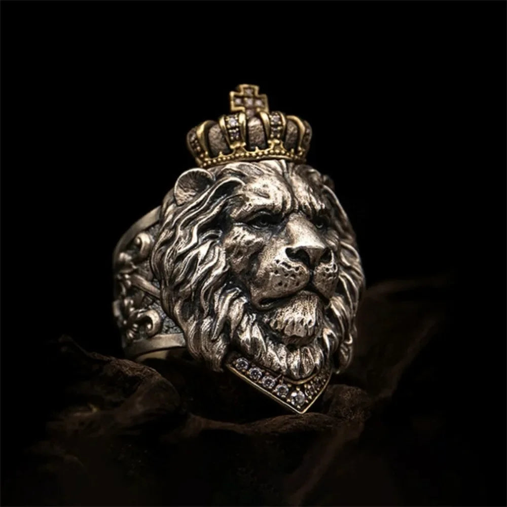 Bully Vintage Crown Lion Head Men's Ring Delicate Fashion Creative Niche Light Luxury Punk Hip Hop Rock Street Party