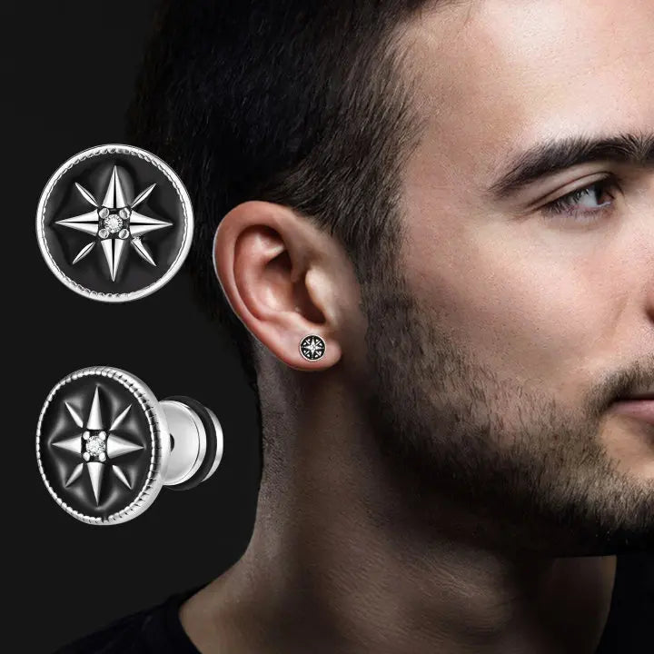 Iced Out Compass Star Stud Earrings — Stainless Steel