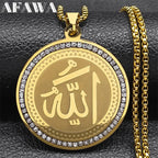 Arabic Quran Allah Medal Necklace for Women Men Rhinestone Stainless Steel Gold Color Islam Muslim Chain Jewelry collar