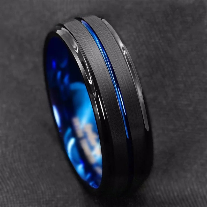 Fashion 8mm Men's Black Tungsten Wedding Band Rings Blue Groove Beveled Edge Knuckle Ring For Boyfriend Father's Day