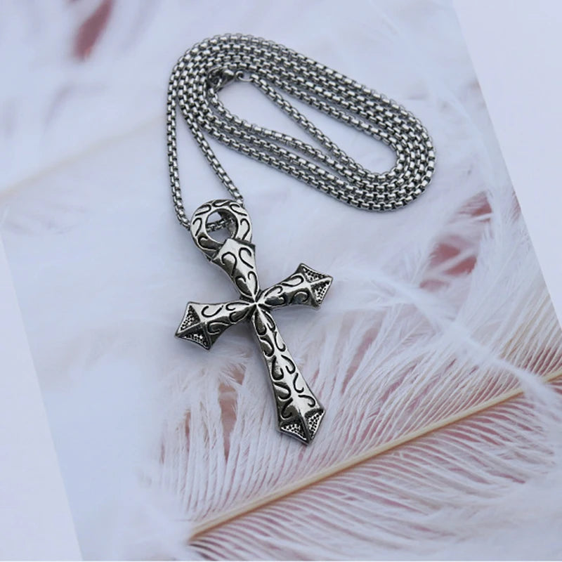Silver Cross Pendant Necklace Vintage Figure