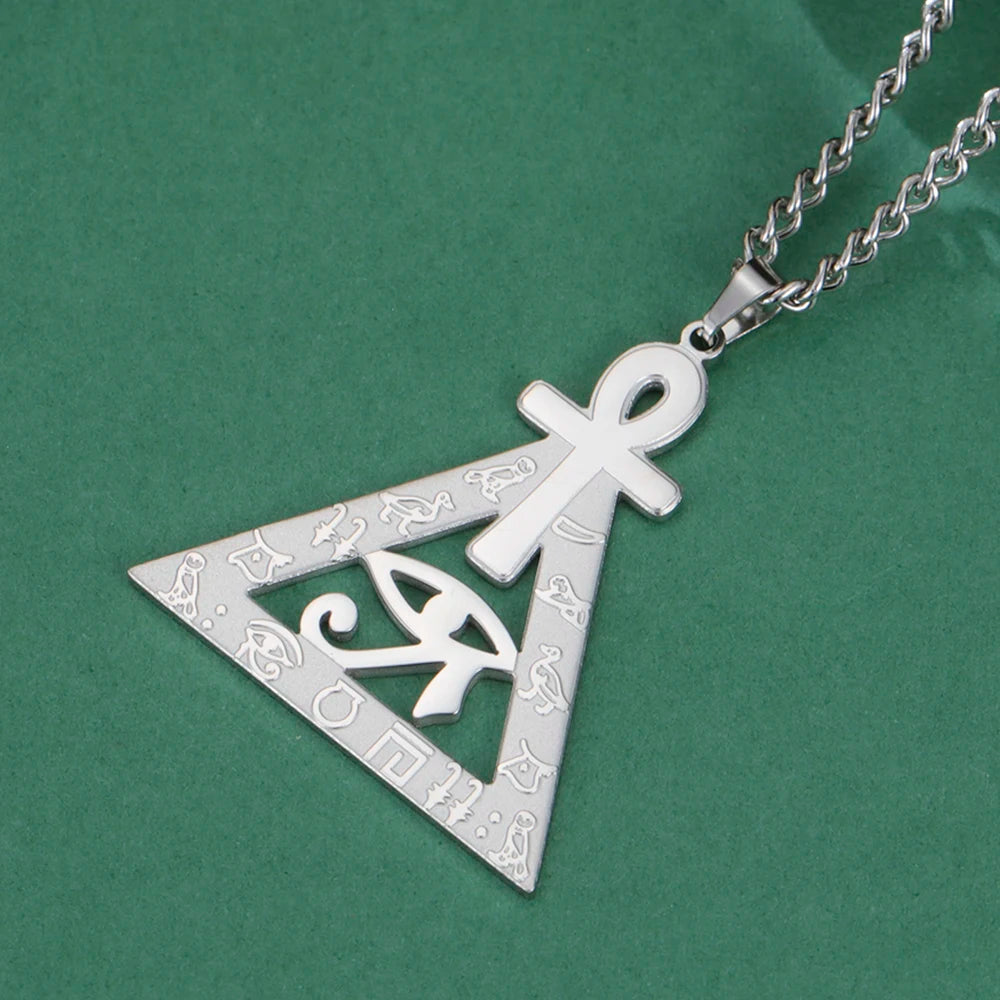 Ankh Cross Eye of Ra Necklace Egyptian Hieroglyphs Pyramid Pendant for Men Women Stainless Steel Spiritual Protection Jewelry