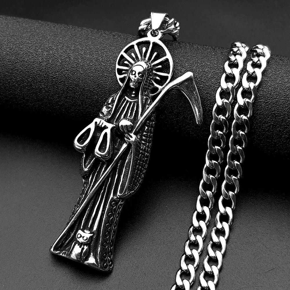 Holy Saint Death Santa Muerte Grim Reaper Pendant Necklace for Women Men Stainless Steel Silver Color Sickle Skull Jewelry Gift