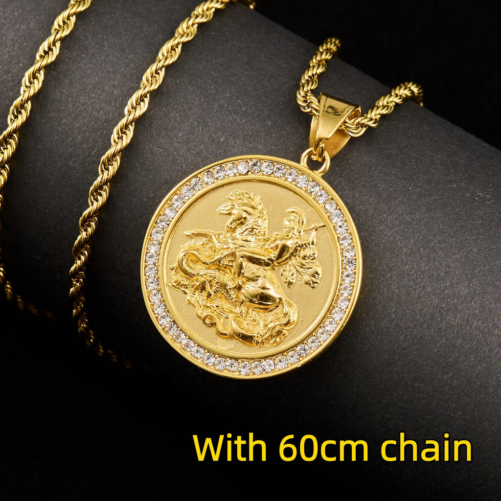 1pc Saint Michael Gold color round pendant with rhinestone For Men Women HIP hop Punk 316L Stainless Steel Knight Jewelry Gifts
