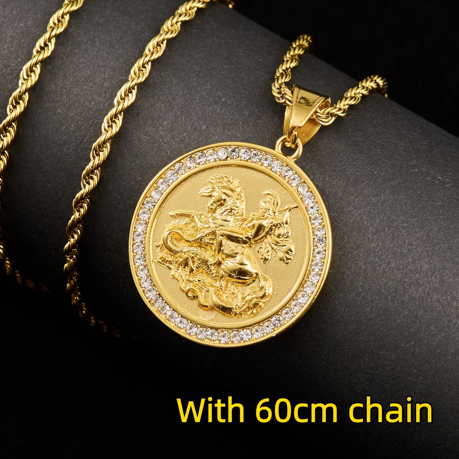 1pc Saint Michael Gold color round pendant with rhinestone For Men Women HIP hop Punk 316L Stainless Steel Knight Jewelry Gifts