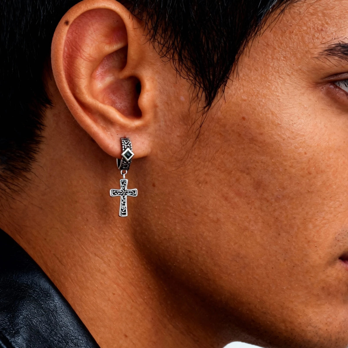 Celtic Knot Cross Hoop Earrings for Men — Black Square Drop