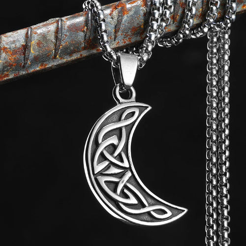 Celtic Knot Crescent Moon Pendant Necklace — Stainless Steel