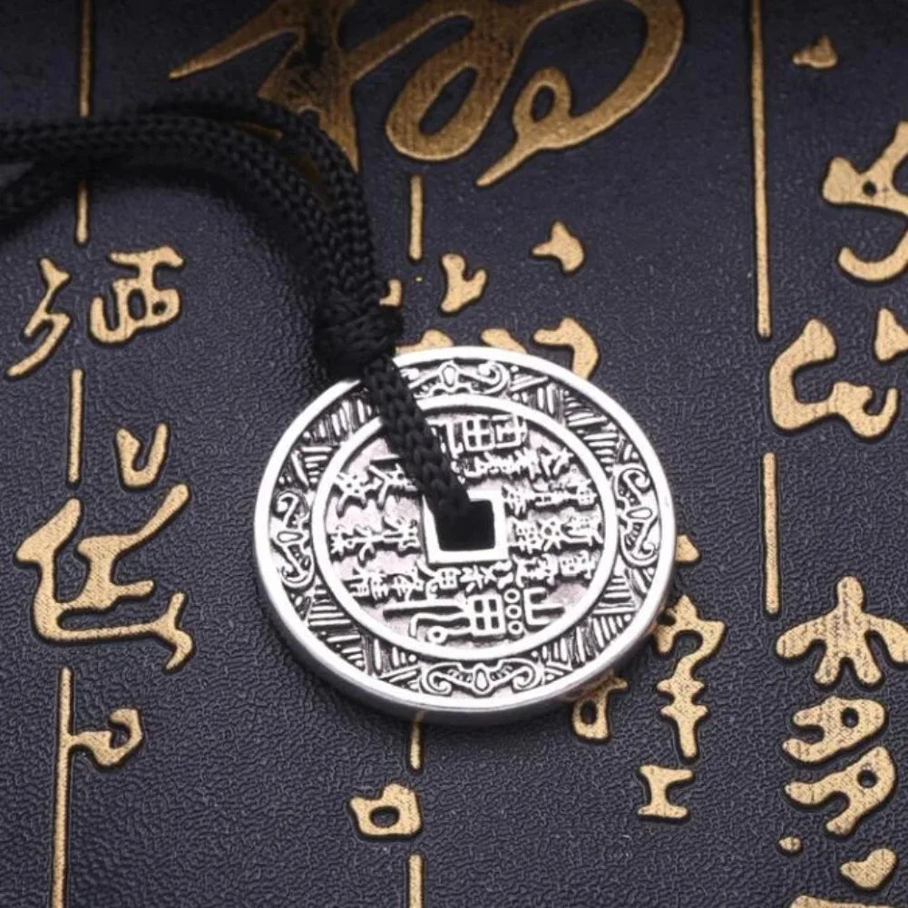 Metal Chinese-style Antique Coin Necklace Yin-Yang Bagua Tai Chi Rune Pendant Peaceful Evil-repelling Demon-warding