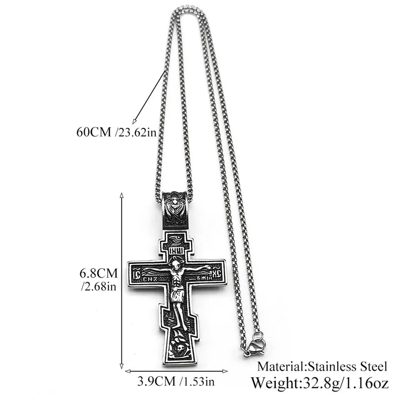 Eastern Orthodox Cross Jesus Pendant Necklace For Women Men Stainless Steel Silver Color Dark Punk Male Chain Jewelry