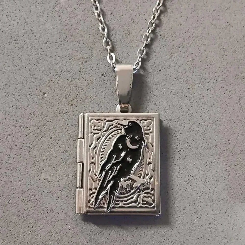 Trendy Exquisite Carving Moon Black Crow Photo Box Pendant Necklace for Men Women Hallowmas Goth Vampire Stainless Steel Jewelry