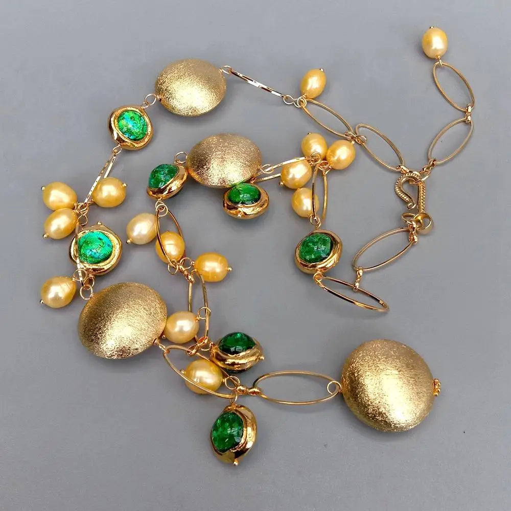 Rice Pearl Murano Glass Coin Y-Drop Necklace — Gold-Tone Copper