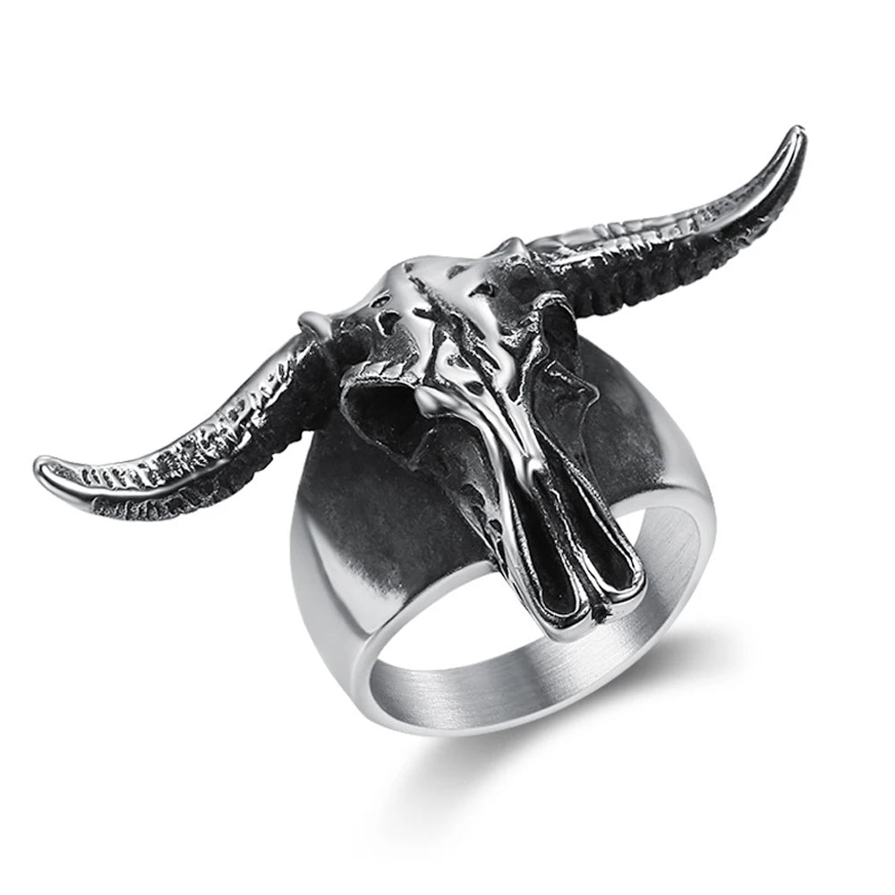Men Gothic 316L Stainless Steel Bull Skull Ring Punk Rock Biker Bull Head Animal Ring Cool Fashion Jewelry Gift Drop