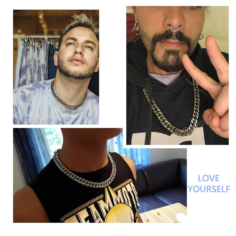 Miami Cuban Chains For Men Hip Hop Jewelry Silver Color Thick Stainless Steel Big Chunky Necklace 13mm/16mm/19mm/21mm