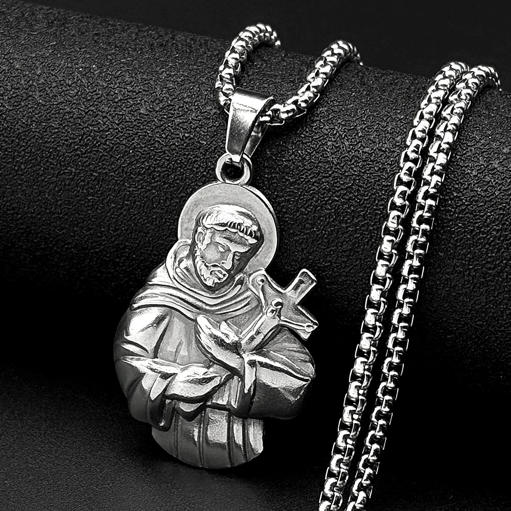 SAINT FRANCIS Hold Cross Pendant Necklace for Women Men Stainless Steel Gold Silver Color Christian Amulet Faith