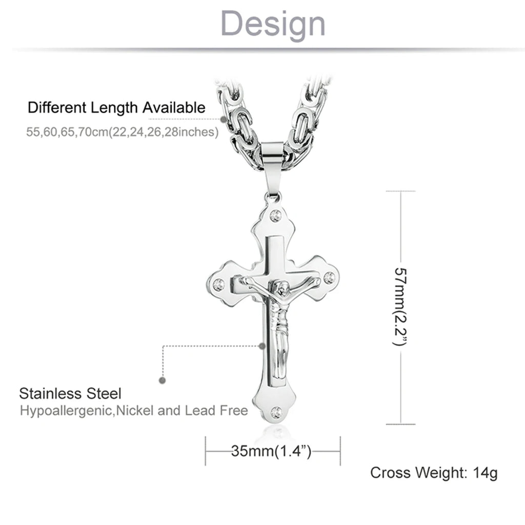 Crystal Crucifix Jesus Byzantine Chain Necklace — Stainless Steel