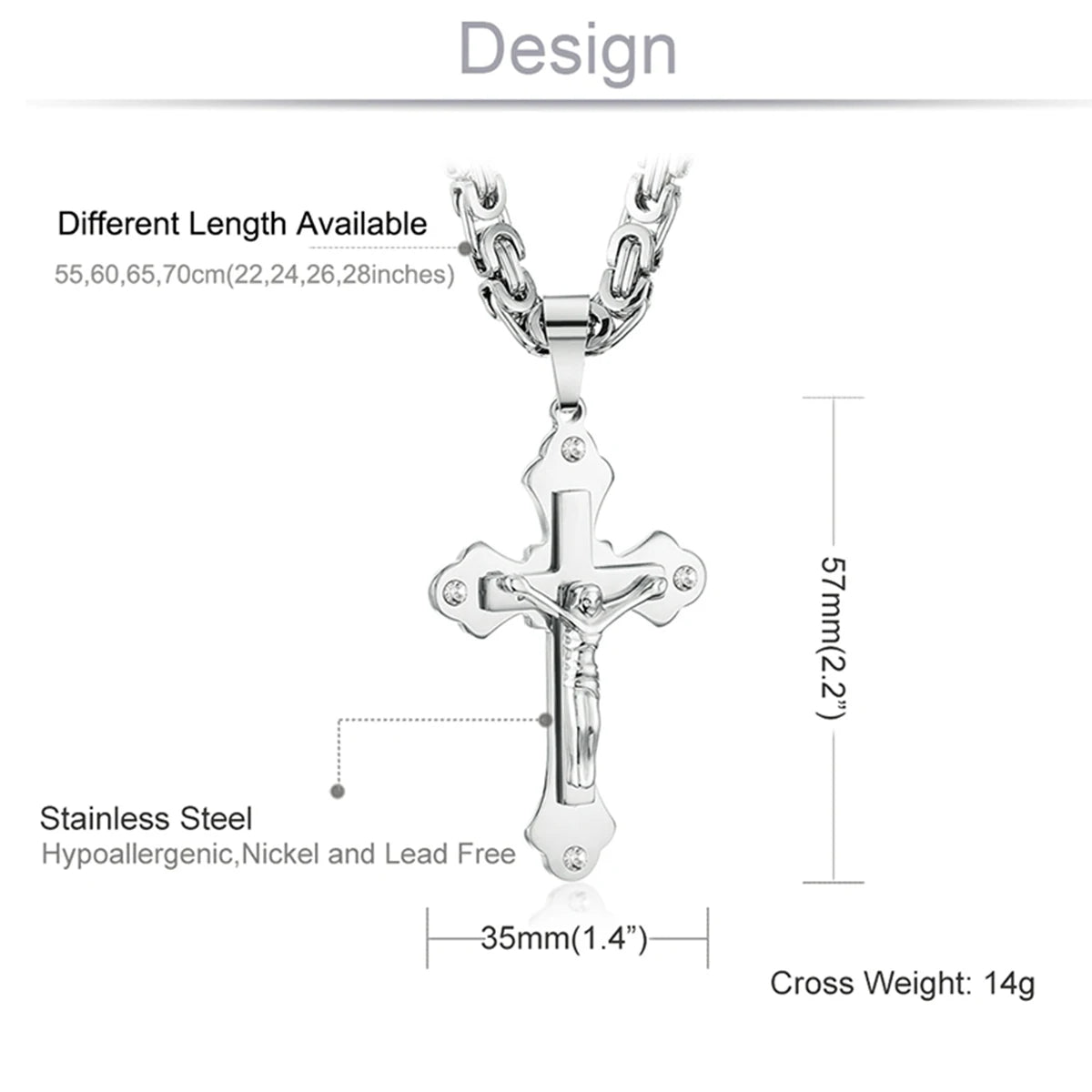 Crystal Crucifix Jesus Byzantine Chain Necklace — Stainless Steel