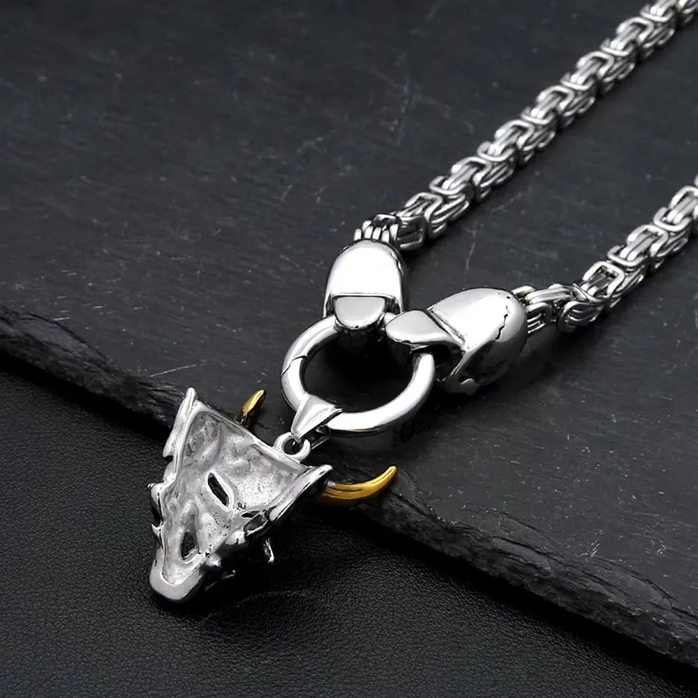 Gold Ox Horn Bodhi Demon Tooth Pendant Stainless Steel Double Skull Byzantine Necklace Hiphop Skull Demon Mask Necklace Gift