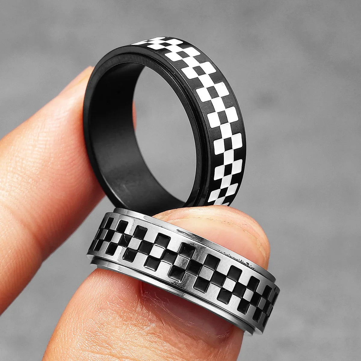 Racing Checkerboard Fidget Spinner Men Rings Stainless Steel Punk Rock Simple Women Jewelry Fashion Accessories Gift