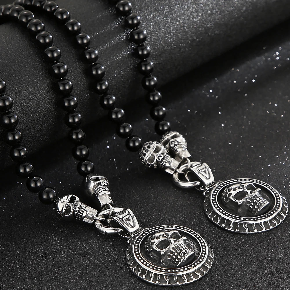 Men's Steampunk CZ Skull Face Head Pendant Necklace For Man 8MM Width 50CM Long Agate Stone Beads Chain Stainless Steel