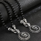 Men's Steampunk CZ Skull Face Head Pendant Necklace For Man 8MM Width 50CM Long Agate Stone Beads Chain Stainless Steel
