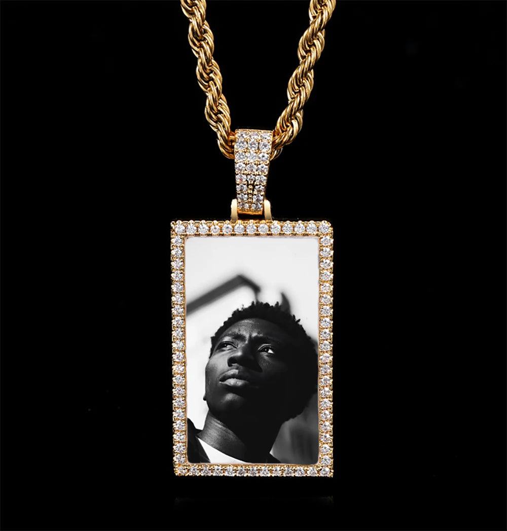 Iced Out Photo Pendant Necklace Rectangle