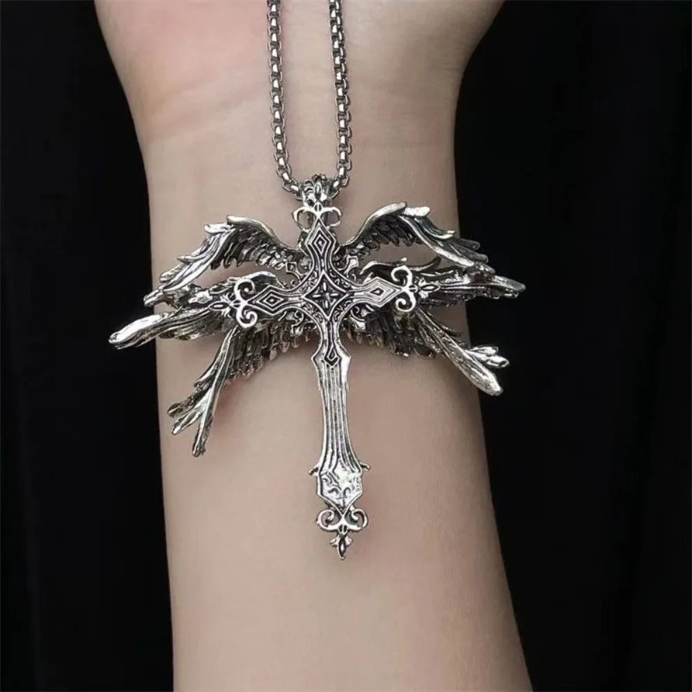 Retro Gothic Jesus Wings Cross Pendant Necklace Jewelry for Men Women Large Vintage Dark Punk Religious Amulet