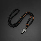 New Cool Rosary Cross Black Round Beads Tiger Eye Stone Cross Pendent Black Cross Pendant Matte Long for Men and Women
