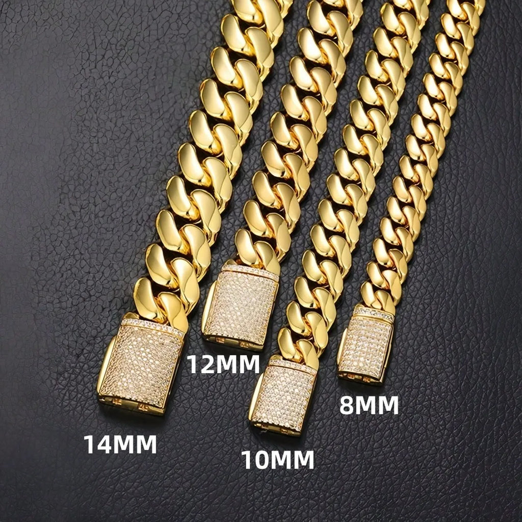 8-14mm Hip Hop Bling Iced Out 18k Gold-plated Stainless Steel Dense Cuban Miami Link Chain Necklaces for Unisex Rapper