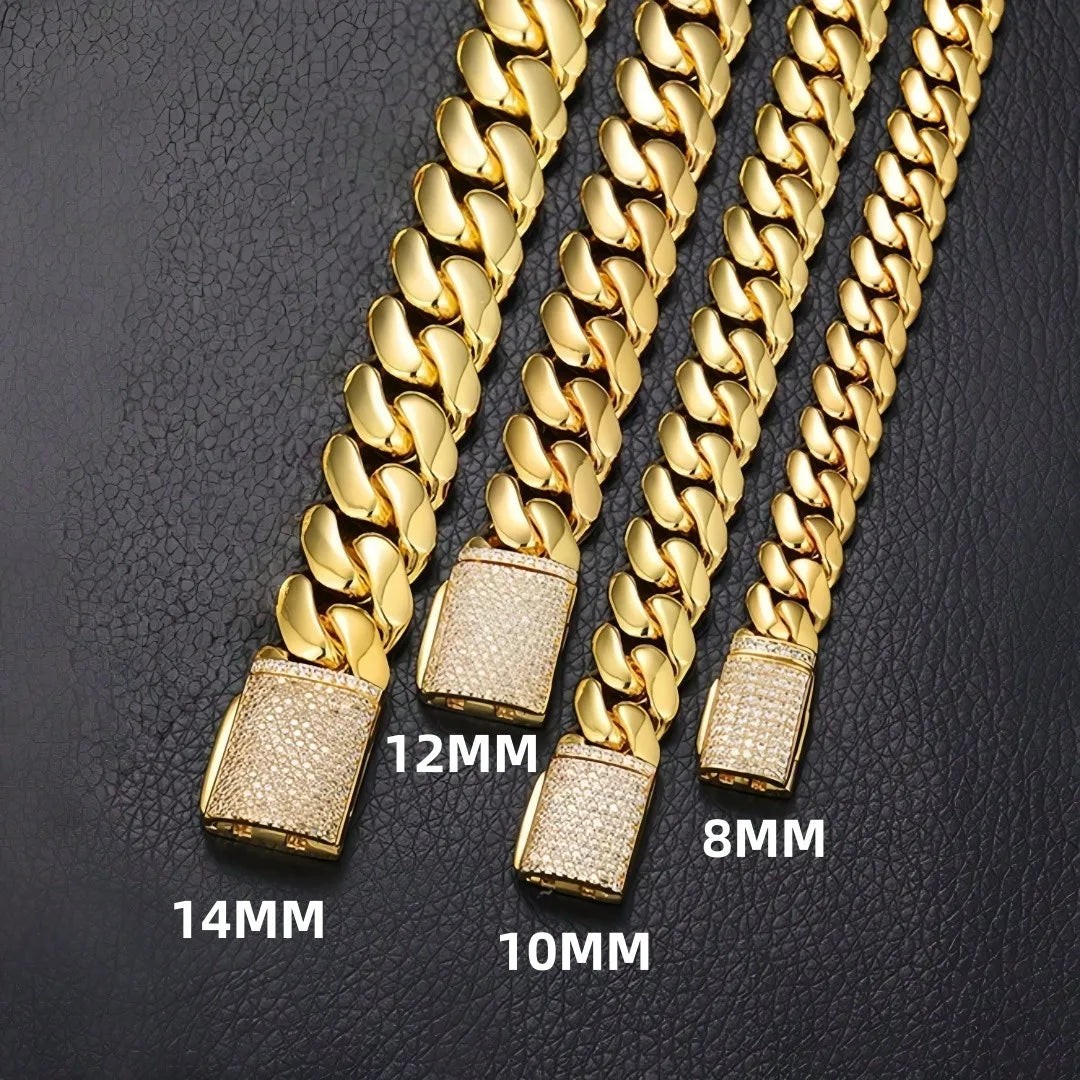 8-14mm Hip Hop Bling Iced Out 18k Gold-plated Stainless Steel Dense Cuban Miami Link Chain Necklaces for Unisex Rapper
