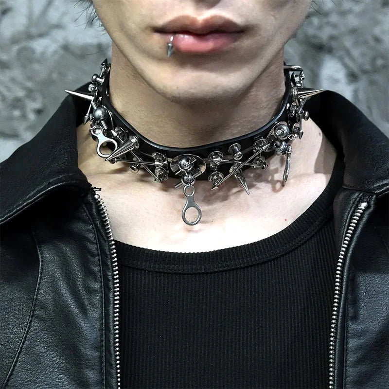 2025 New Punk Necklace Rivets Leather Metal Hip Hop Rock Cool Unisex Choker Neck Accessories for Women Men Jewelry