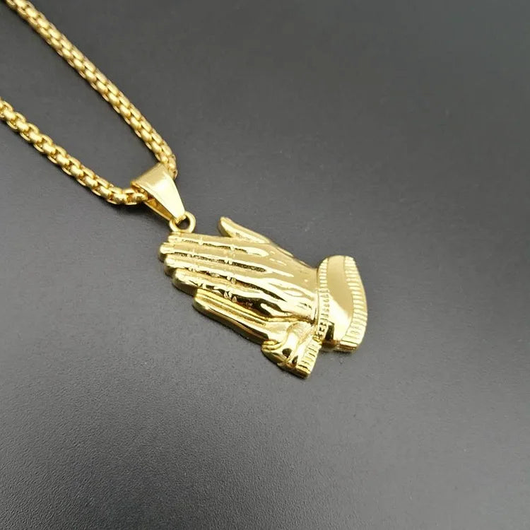 Iced Out Praying Hands Pendant — Gold