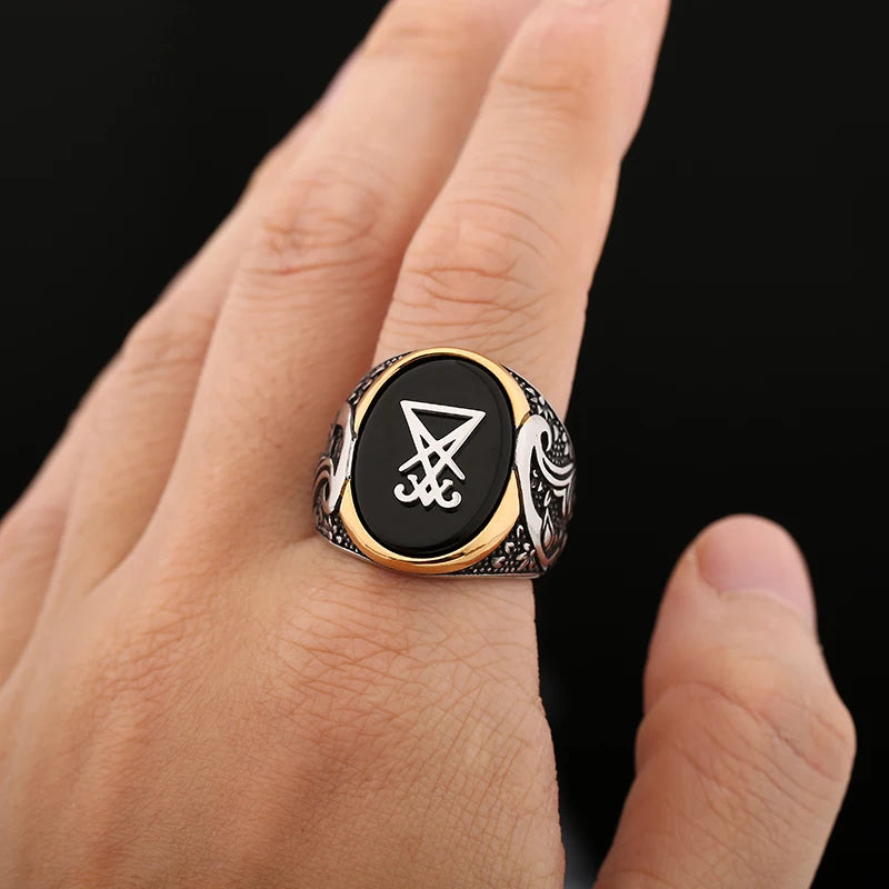 Vintage Sigil Lucifer Rock Ring 316L Stainless Steel Seal of Satan Stone Rings for Men Male Punk Rock Jewelry