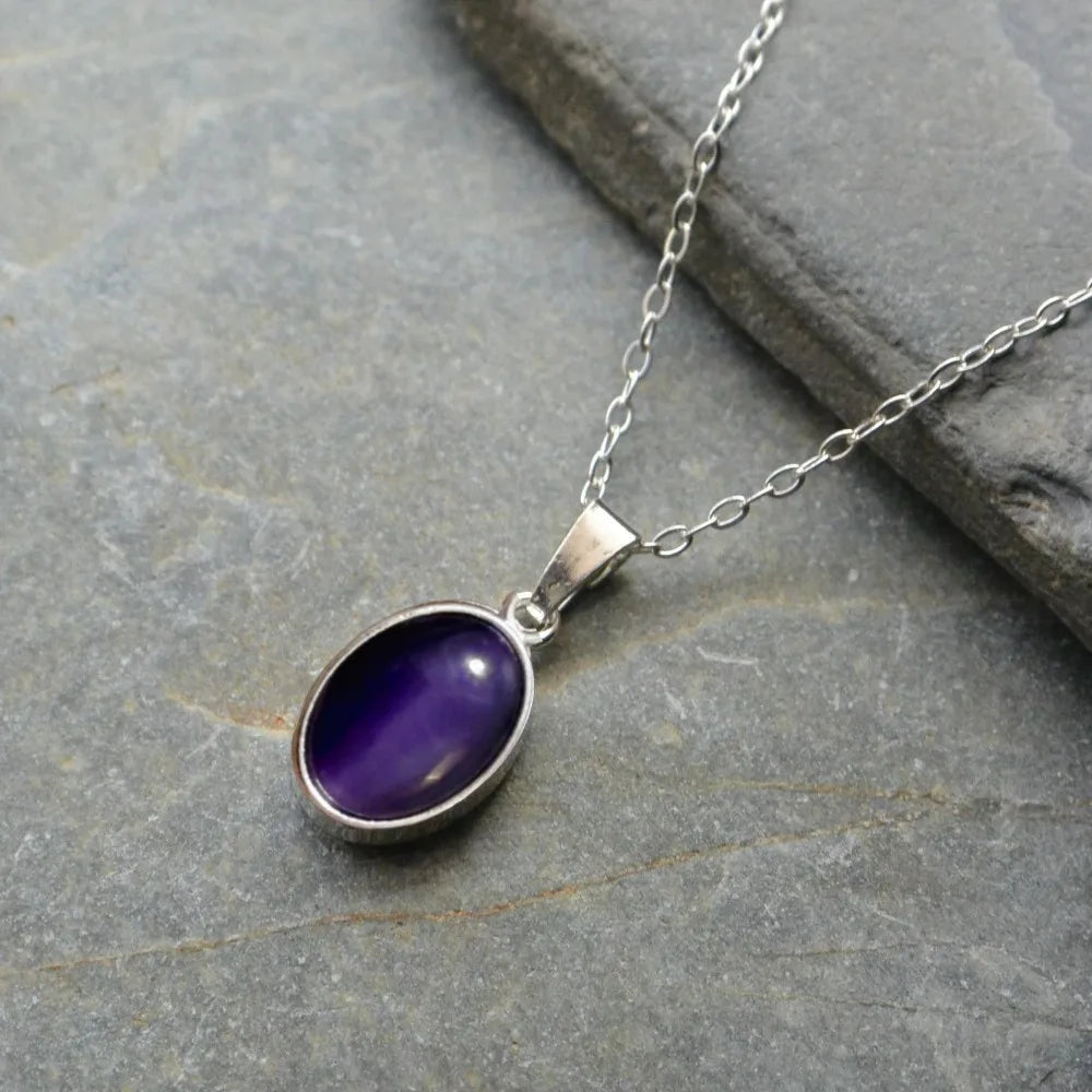 Retro Minimalism Stainless Steel Egg Oval Purple Black Onyx Pendant Necklace for Women Sliver Color Collar Chain