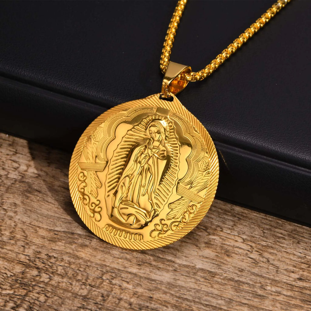 Vnox Gold Color Virgin Mary Pendant Necklaces for Men Women,Stainless Steel Metal Mother Mary Collar Religious Gifts