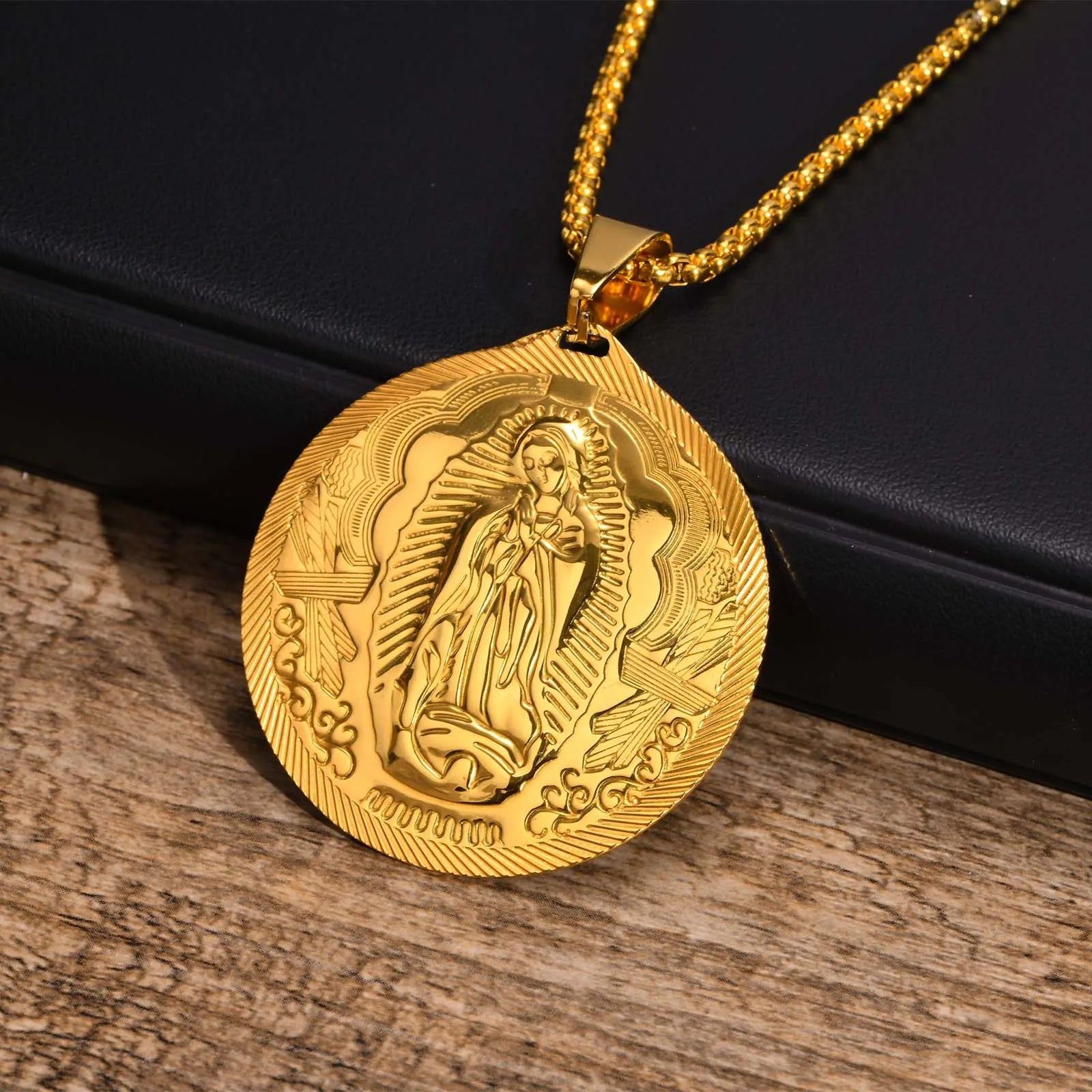 Vnox Gold Color Virgin Mary Pendant Necklaces for Men Women,Stainless Steel Metal Mother Mary Collar Religious Gifts