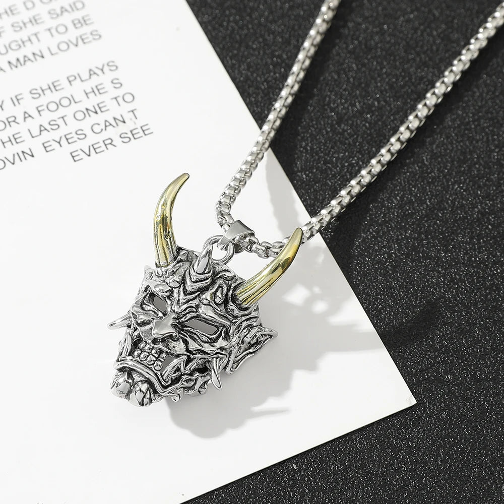 Handsome Rascal Ghost Mask Pendant Necklace Gold & Silver Color Horn Bull King Design Fashion Jewelry for Men And Women