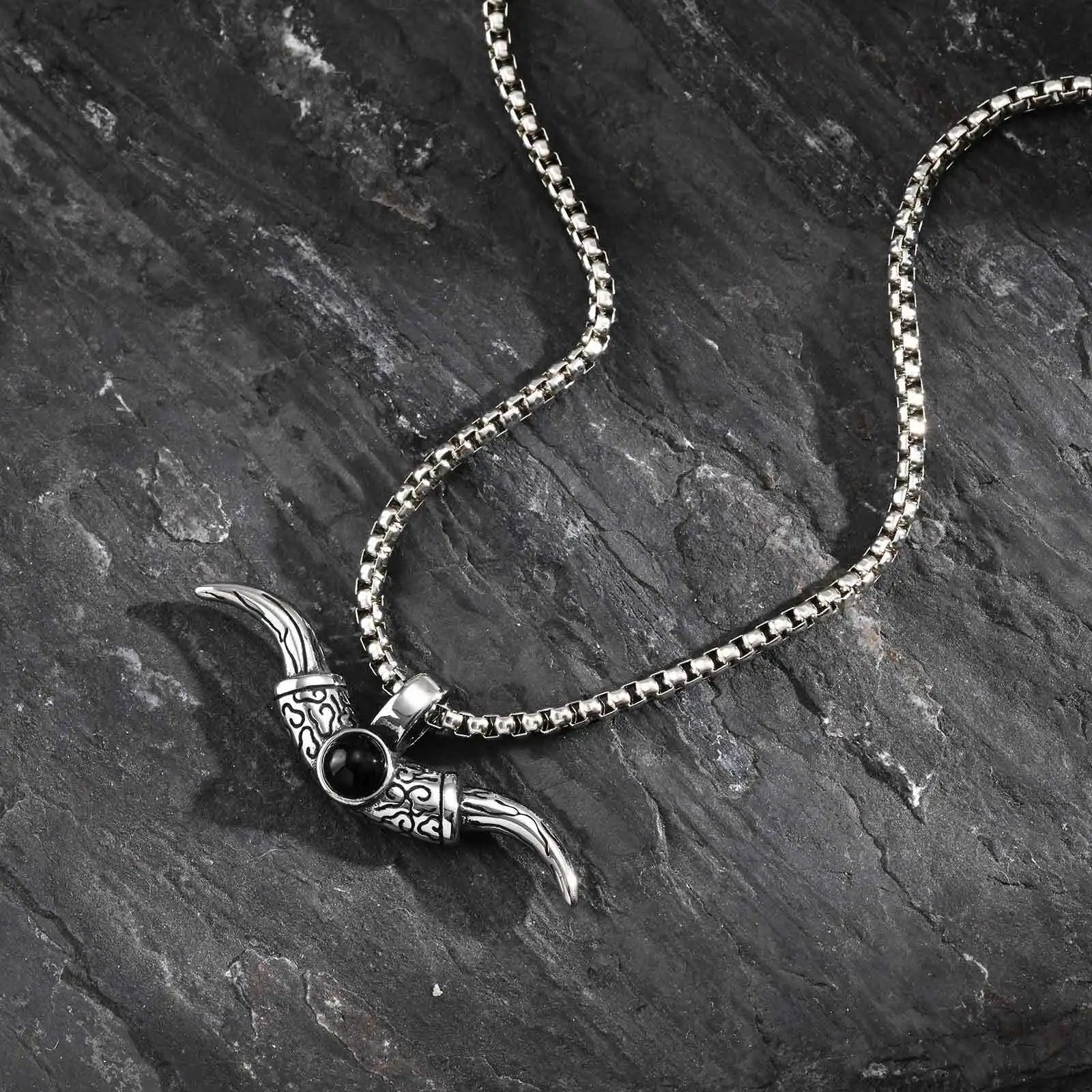 Bull Horn Pendant Necklace — Stainless Steel
