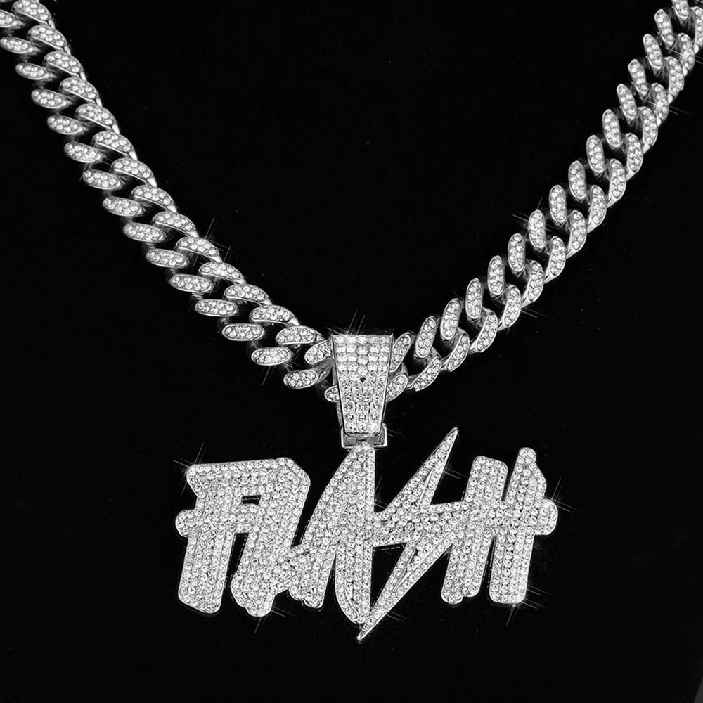 New Hip Hop Flash Lightning Large Letter Pendant Necklace With 13mm Cuban Chain Letters Necklaces For Men's Women Rapper Jewelry