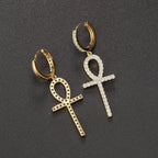 Iced Out Ankh Dangle Hoop Earrings CZ