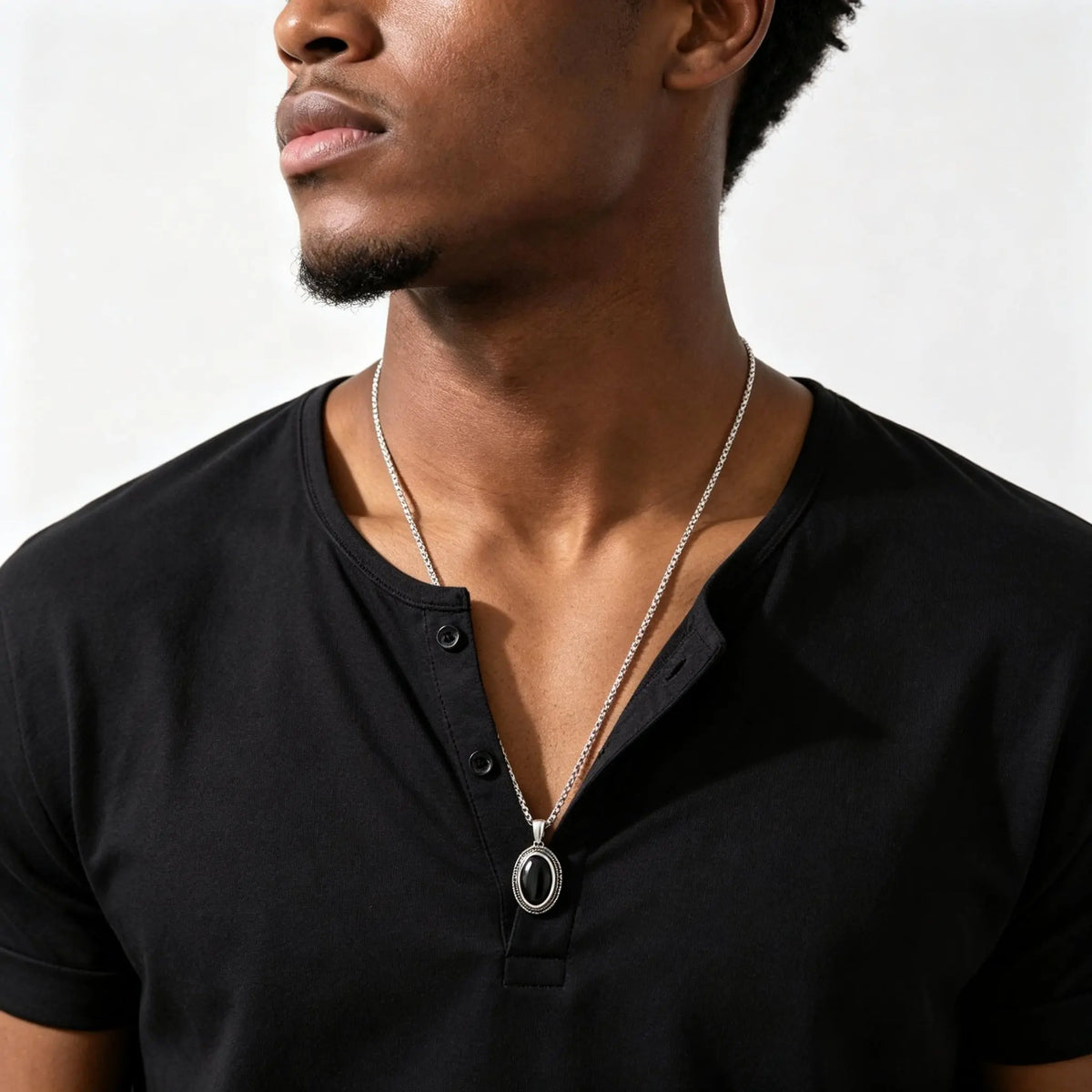 Stylish Black Natural Stone Pendant Necklace for Men,Vintage Stainless Steel Black Onyx Oval Pendant Neckalce Jewelry