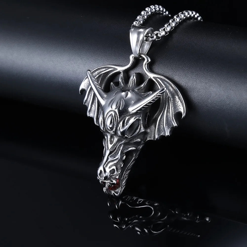 New Personality Trend Necklace Red Drill Wing Dragon Head Style Pendant Stainless Steel Titanium Steel Men's Holiday