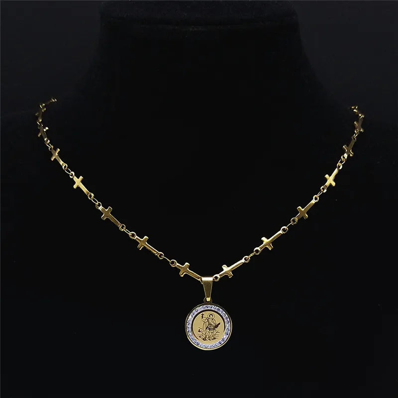 Saint Expeditus Archangel Gabriel Stainless Steel Crystal Michael Cross Chain Necklace Holy Sacred Heart of Jesus